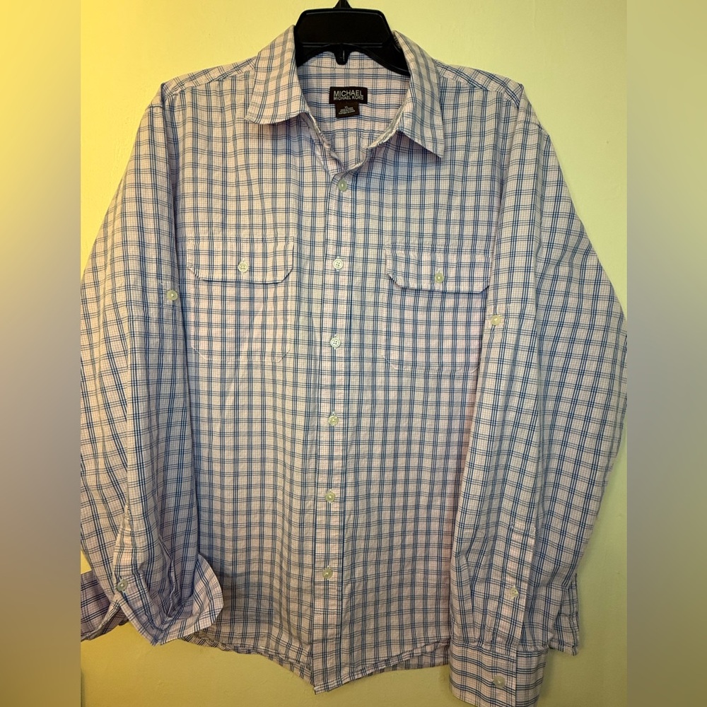 Michael Kors Men's Blue and White Checkered Shirt